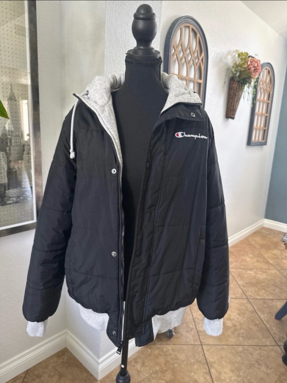 Champion Black Puffer Jacket with Gray Hood Liner